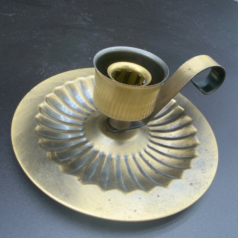 Vintage Homco Brass Chamberstick Candle Holder Finger Loop Handle Fluted Base